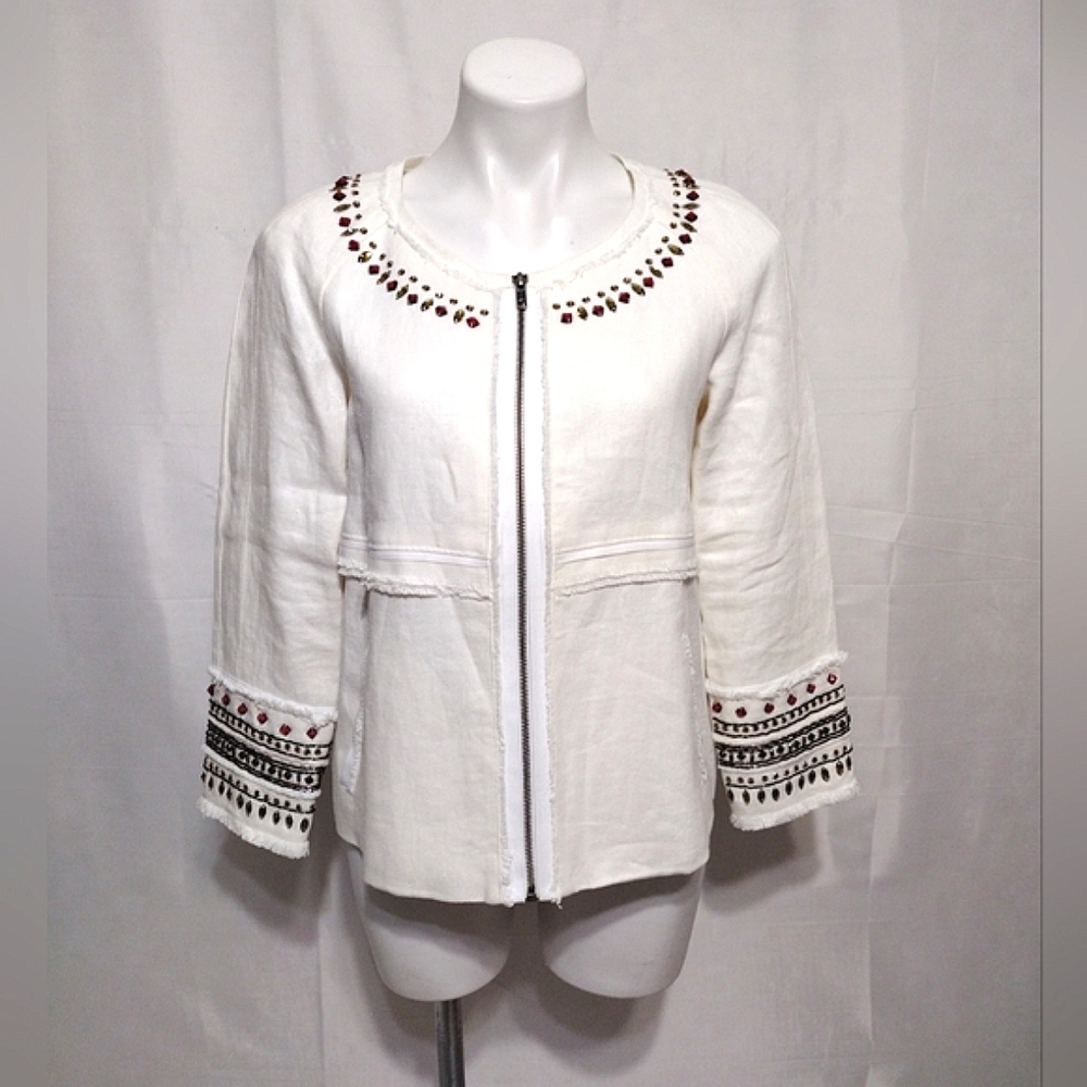 Elizabeth and James Linen Blazer Jacket Bejeweled Fringed Trim Zipped Up Front 8